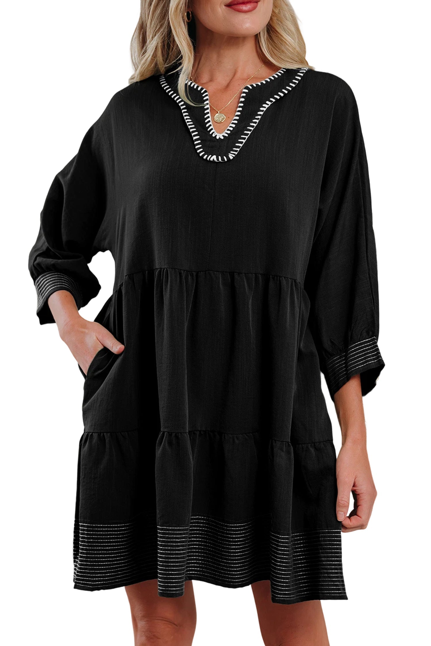 Contrast Stitched V-Neck 3/4 Sleeve Tiered Mini Dress - eAura