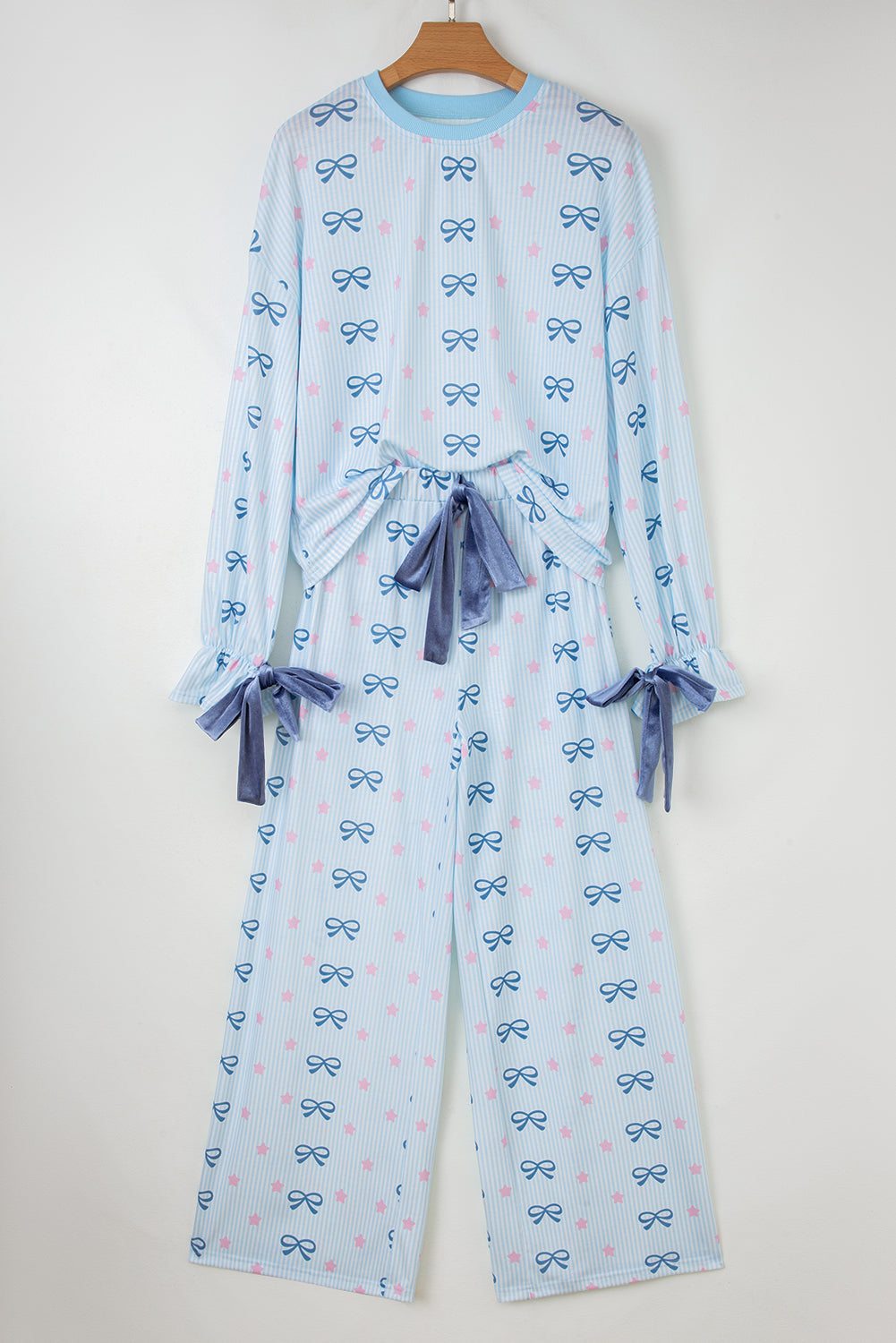 Sky Blue Stripe Bow Star Print Tied Detail 2pcs Lounge Set - eAura