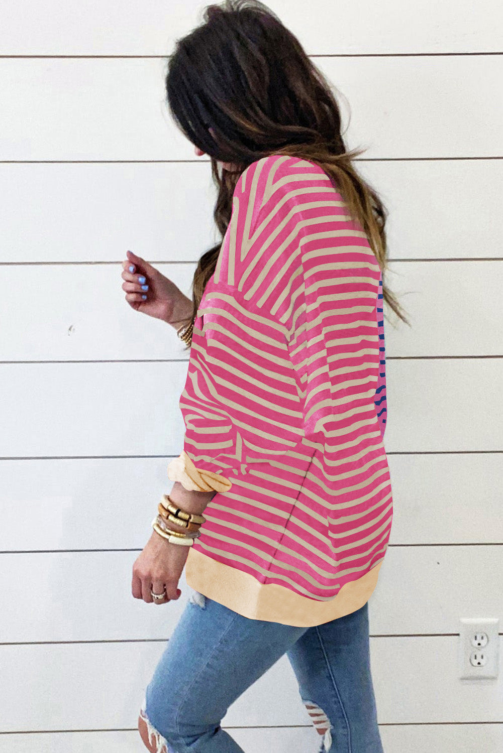 Pink Stripe Casual Stripe Colourblock Drop Shoulder Oversize Sweatshirt eAura