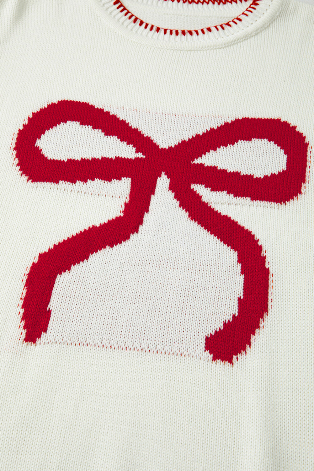 White Bow Pattern Contrast Trim Christmas Loose Graphic Sweater - eAura