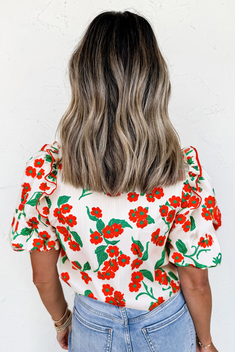 Red Floral Print Ruffled Puff Sleeve Elegant Summer Shirt Dear-Lover Dropshipping
