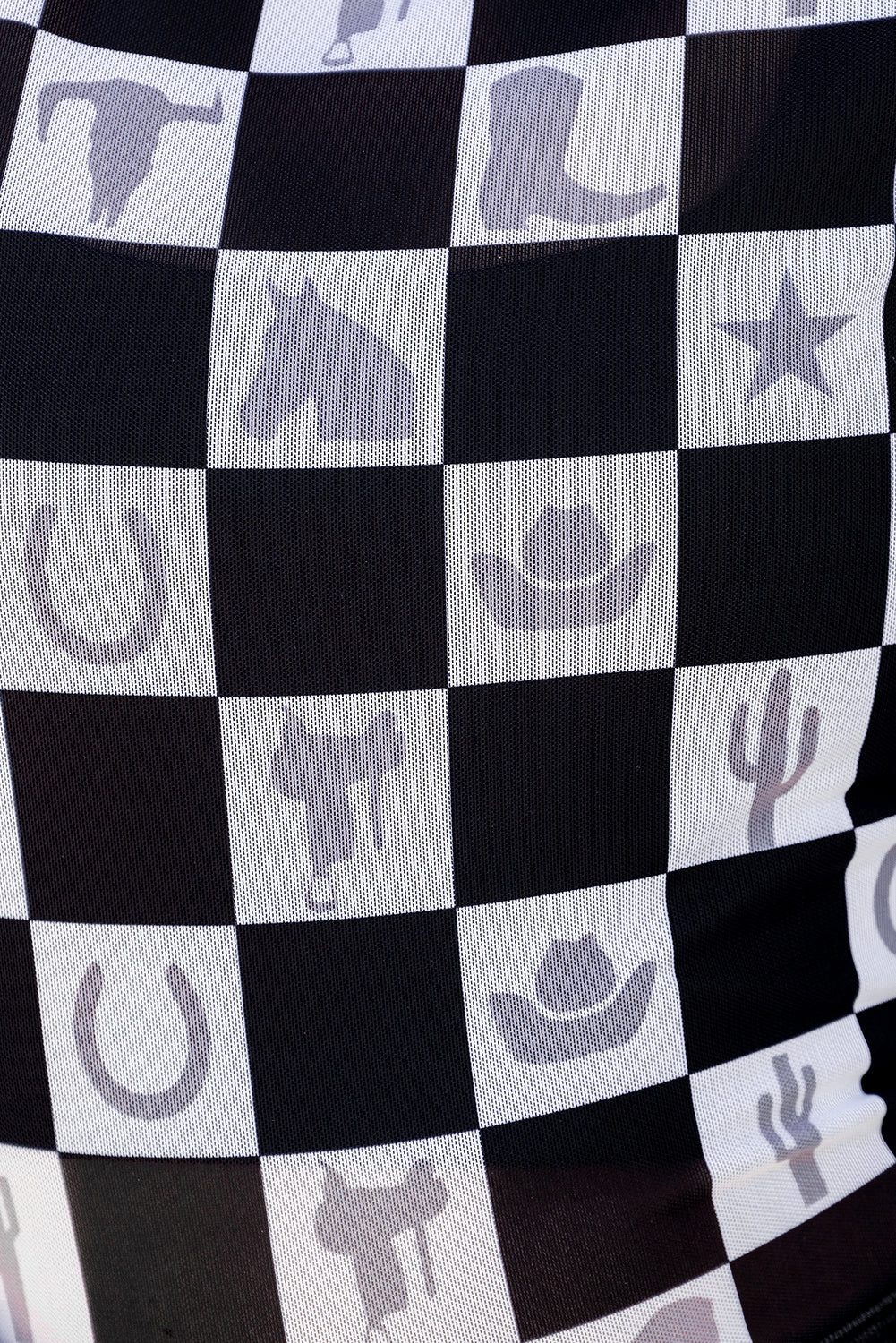 Black Checkerboard Western Elements Printed Mesh Long Sleeve Top eAura