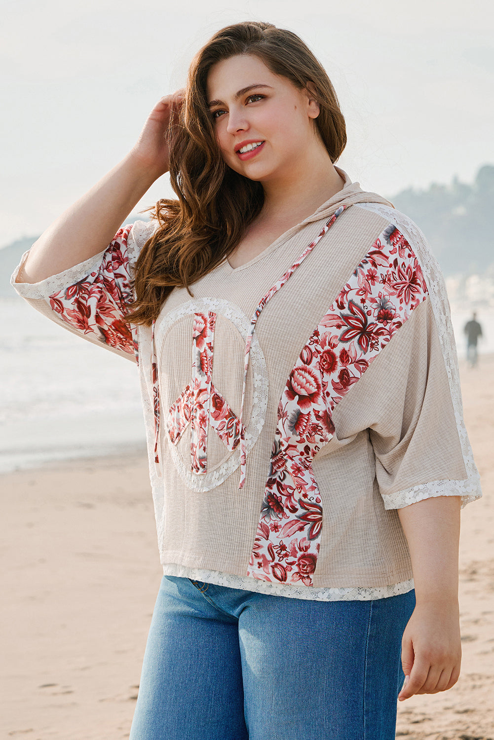 Khaki V Neck Floral Peace Sign Graphic Lace Patch Ribbed Plus Size Hooded Top BB Fashion Outlet