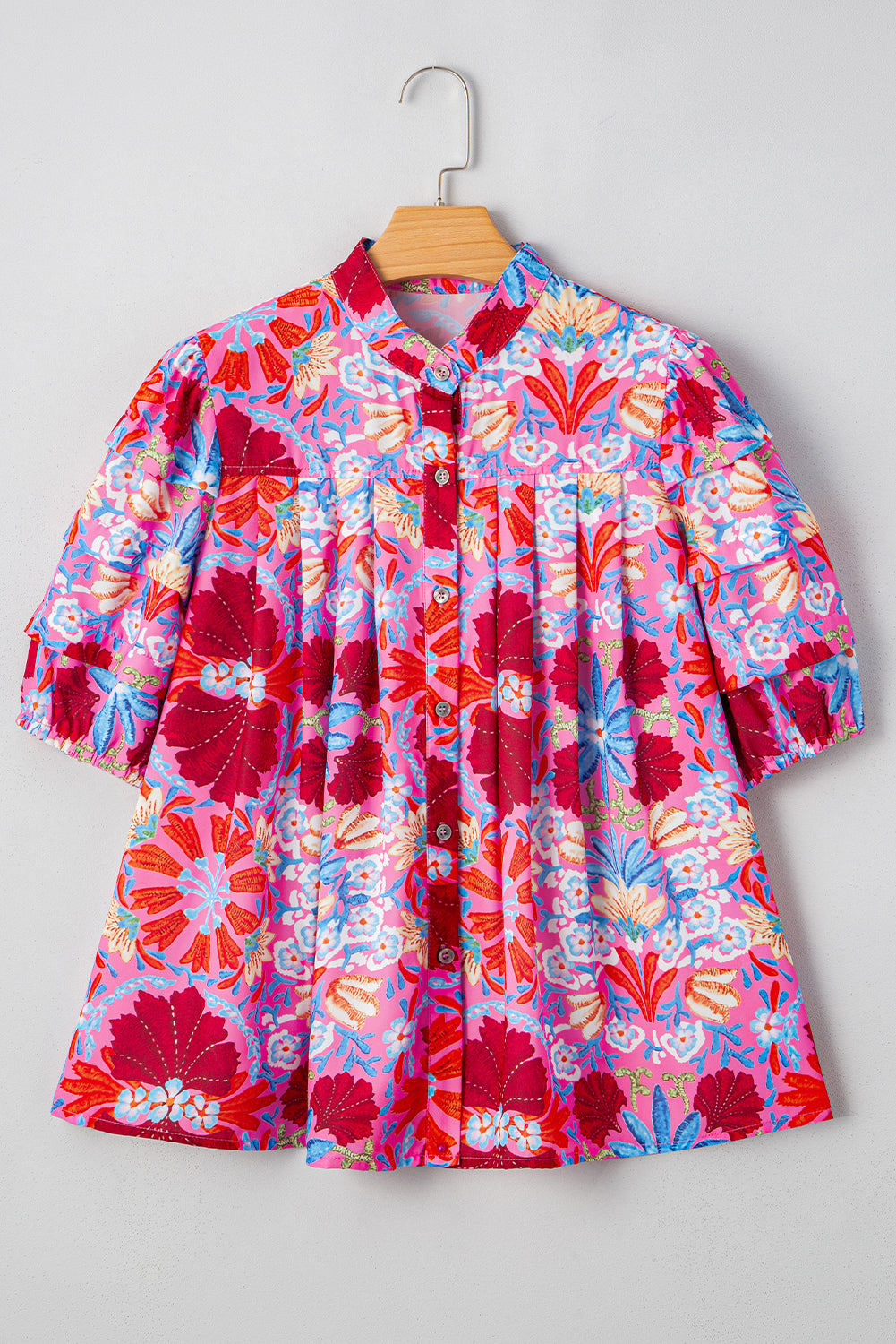 Floral Print Bubble Sleeve Button-Up Pleated Shirt – Pink