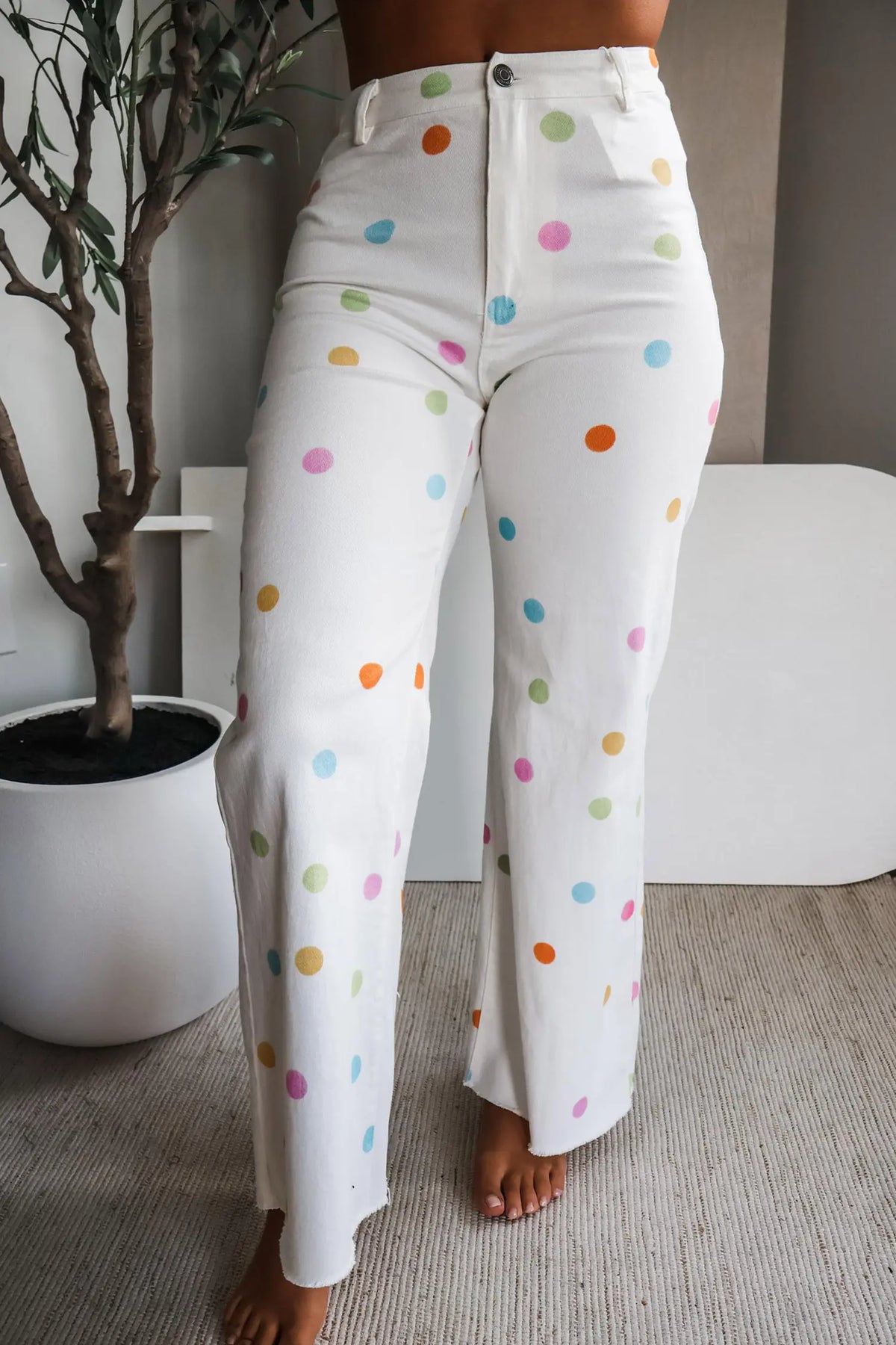 White High Waist Polka Dot Straight Leg Casual Jeans