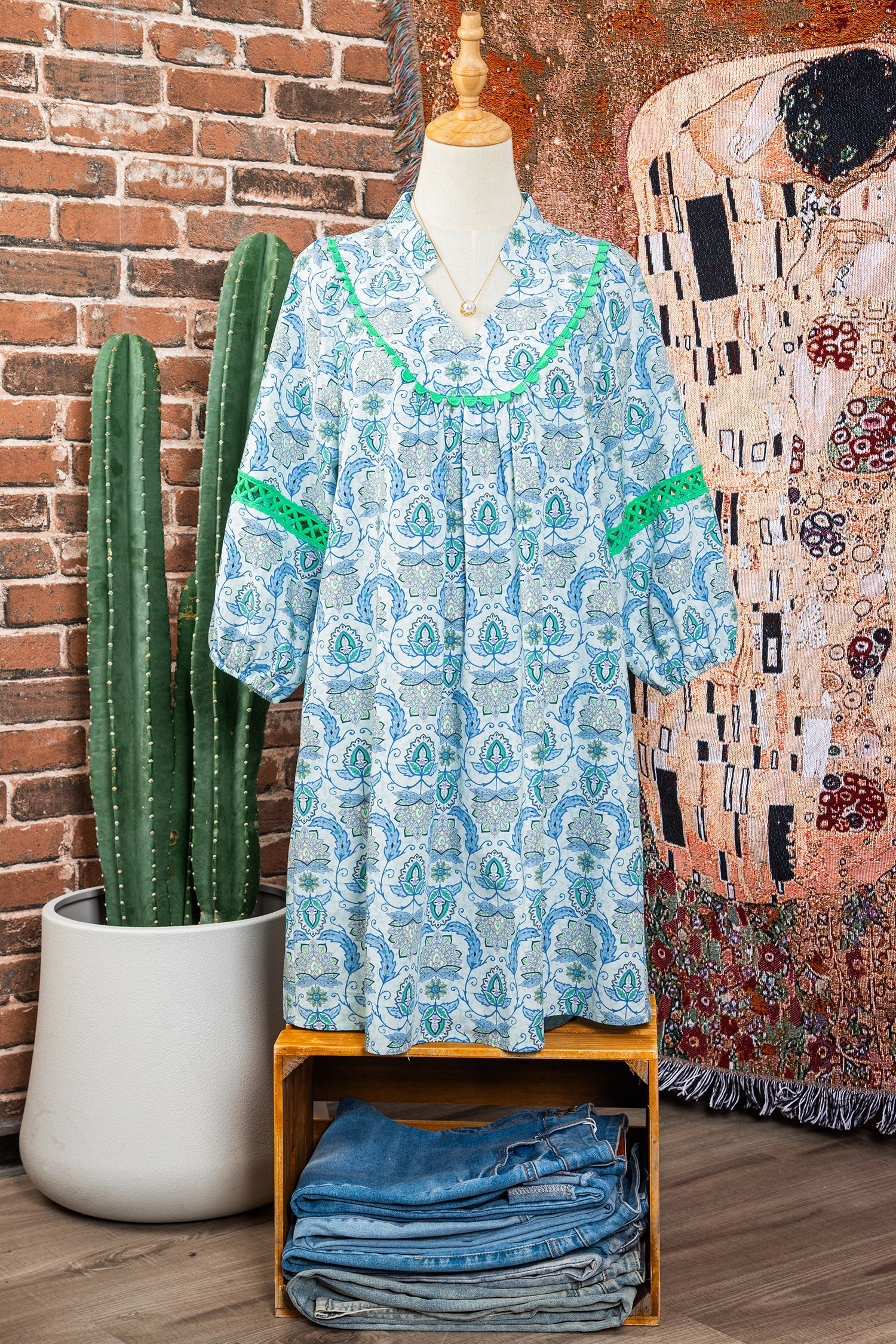 Boho Paisley Print Contrast Patchwork Detail Bracelet Sleeve Loose Mini Dress