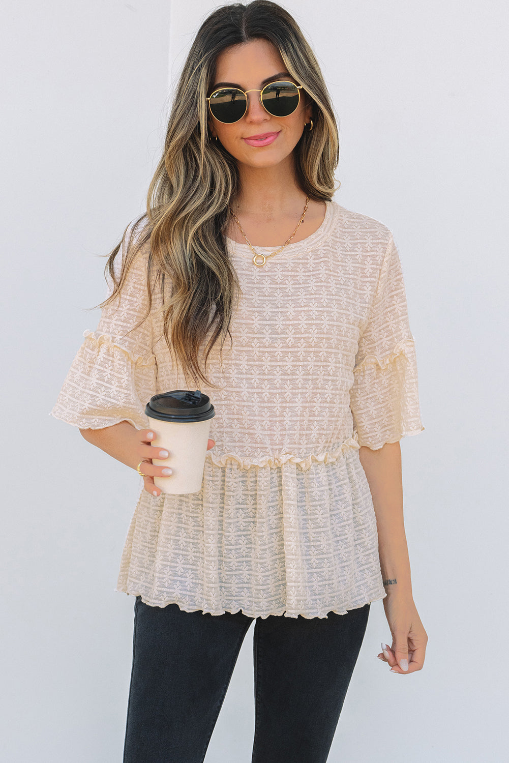 Beige Solid Colour Textured Ruffled Short Sleeve Blouse eAura