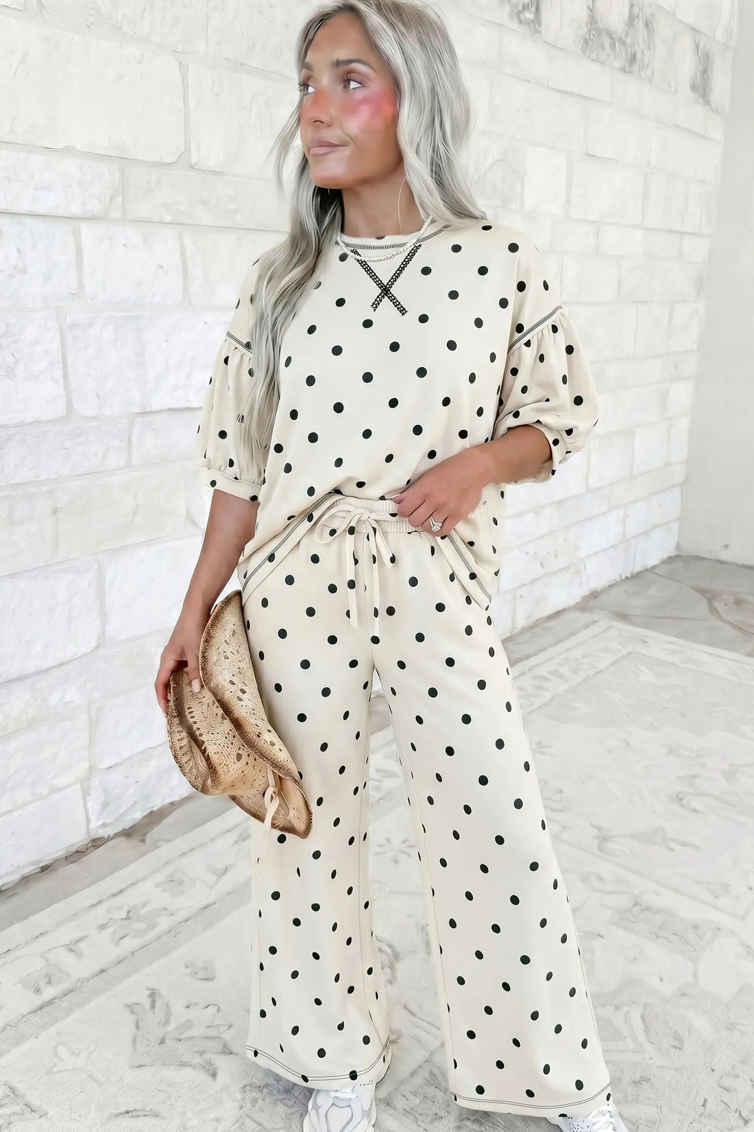 Polka Dot Half Sleeve Loose Top Elastic Waist Casual Pants Set – Beige