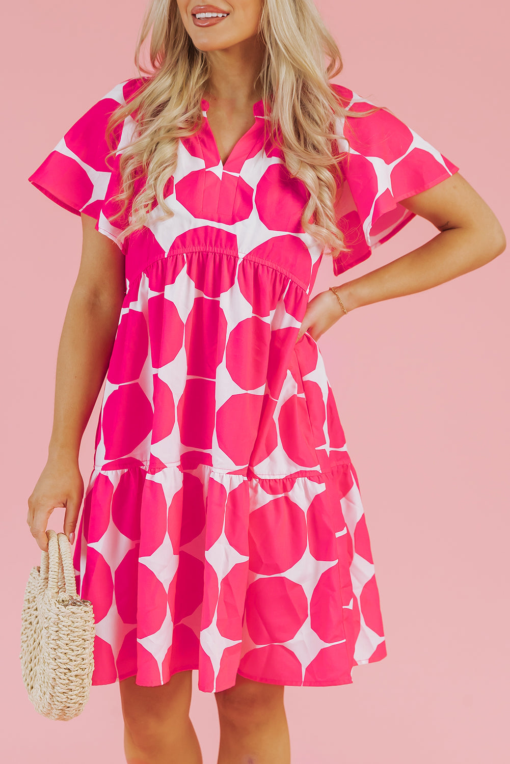 Rose Polka Dot Flutter Sleeve Notched Neck Tiered Flowy Dress - eAura