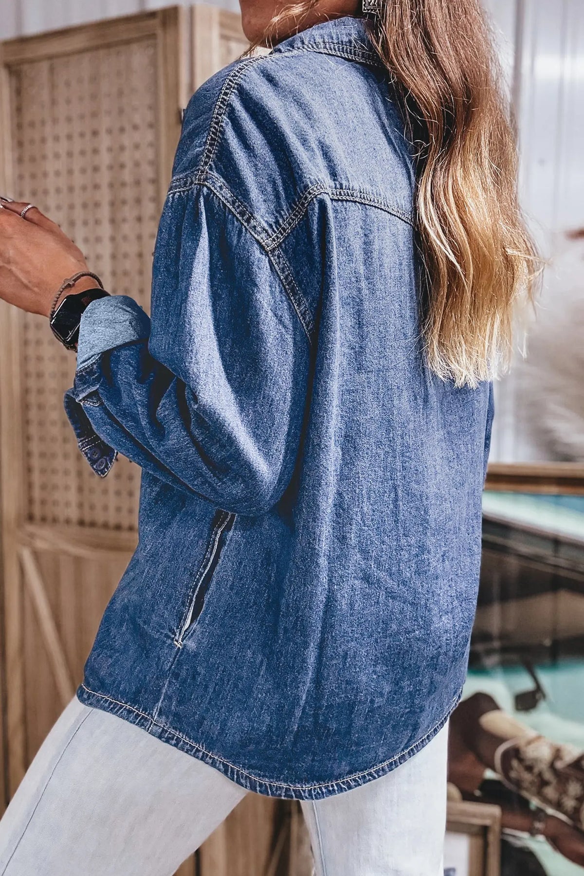 Western Patch Pockets Tunic Length Long Sleeve Denim Shirt – Sail Blue