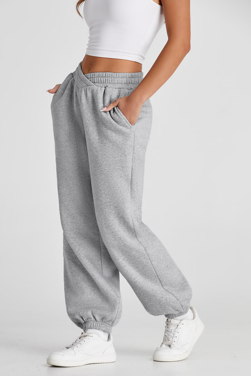 Solid Color Crisscross Elastic Waist Sweatpants – Light Grey