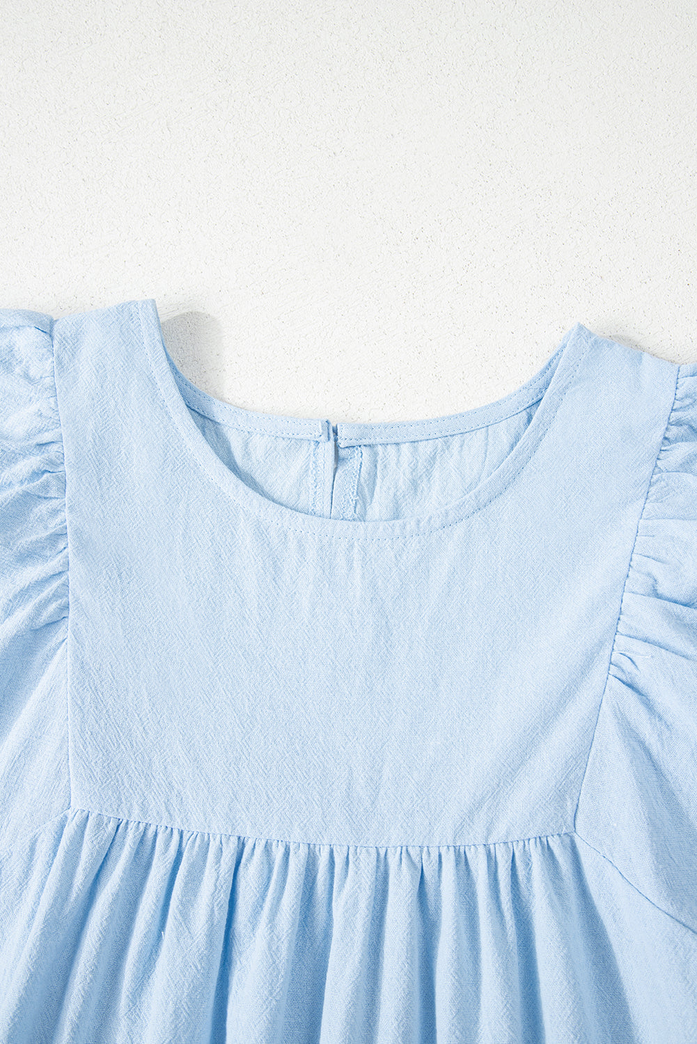 Beau Blue Solid Colour Embroidered Scalloped Sleeves Crew Neck Blouse eAura