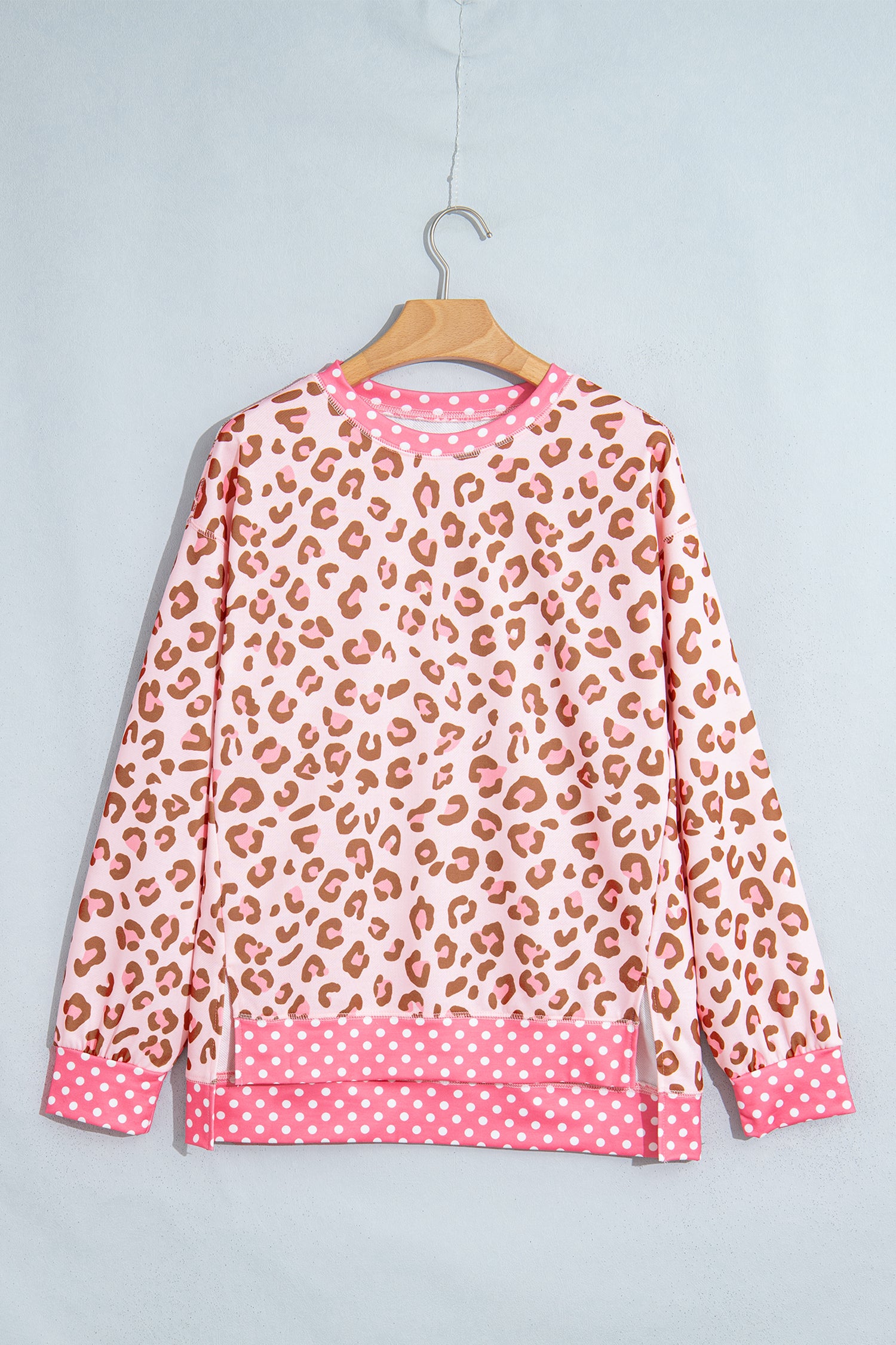 Brown Leopard Polka Dot Colorblock Trim Long Sleeve Top