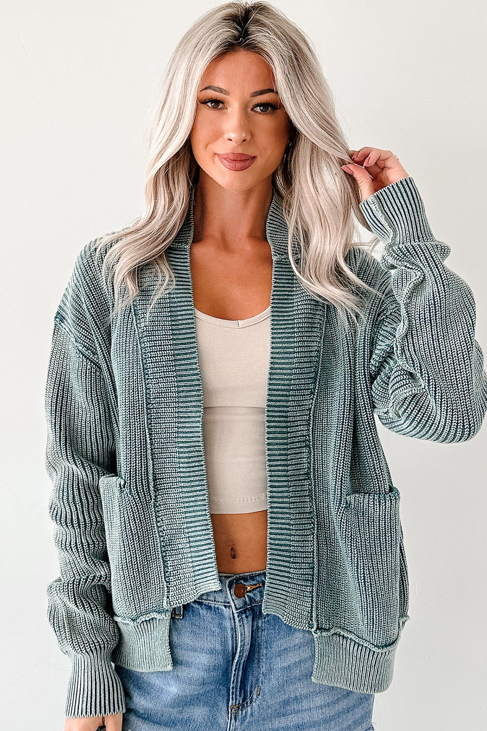 Mineral Wash Exposed Seam Patchwork Knit Open Cardigan