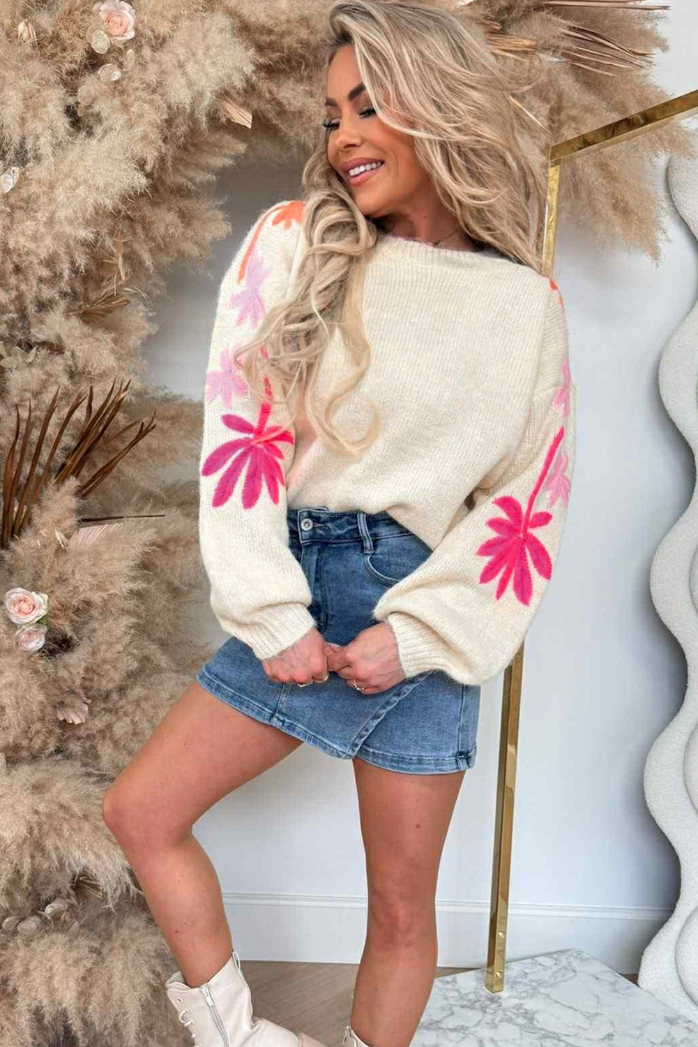 Embroidered Floral Sleeve Round Neck Loose Sweater eAura