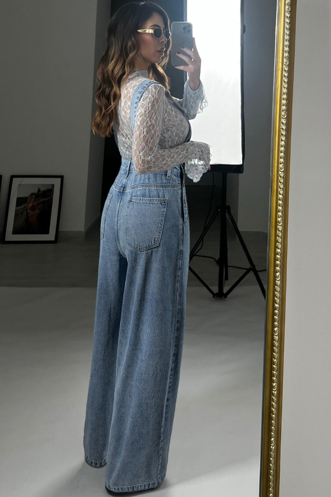 Blue Pleated Wide Leg Retro Pocketed Denim Dungarees Jumpsuit