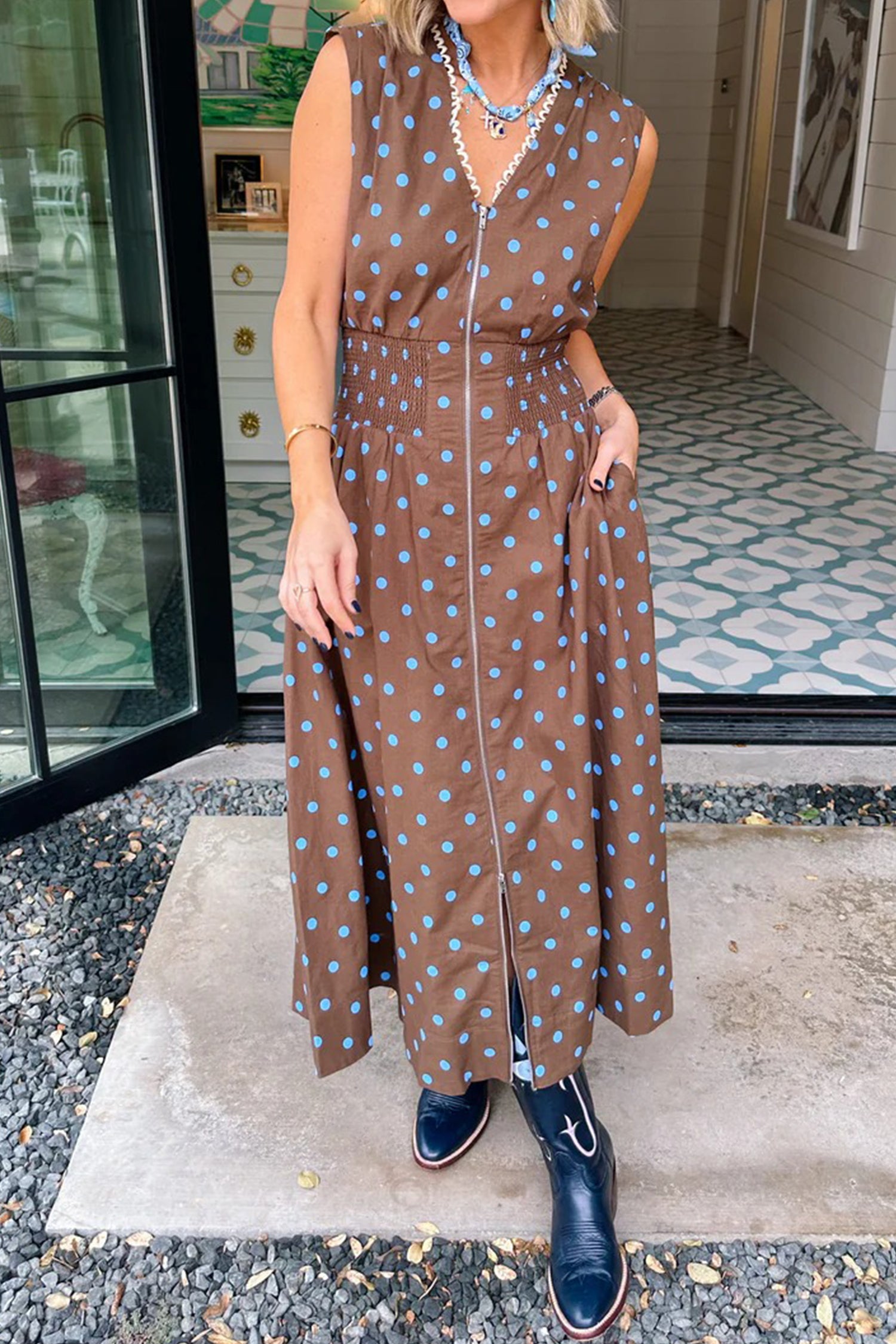 Polka Dot Print Contrast Trim V-Neck Zip-Up Sleeveless Dress