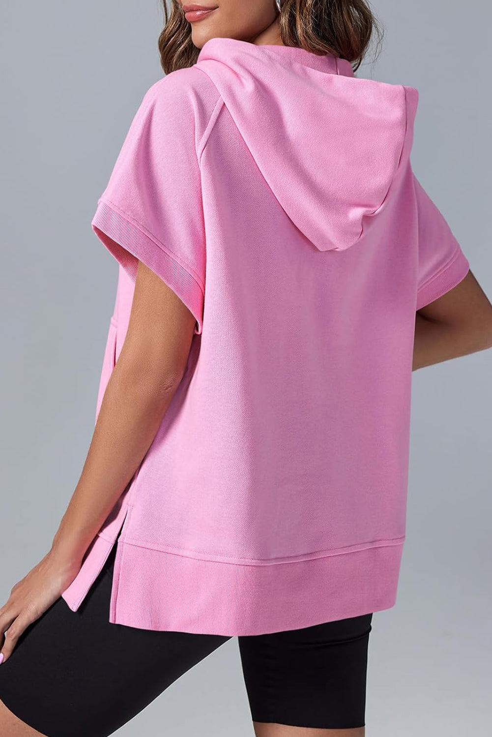 Black Half Zipper Kangaroo Pocket Short Sleeve Hoodie eAura