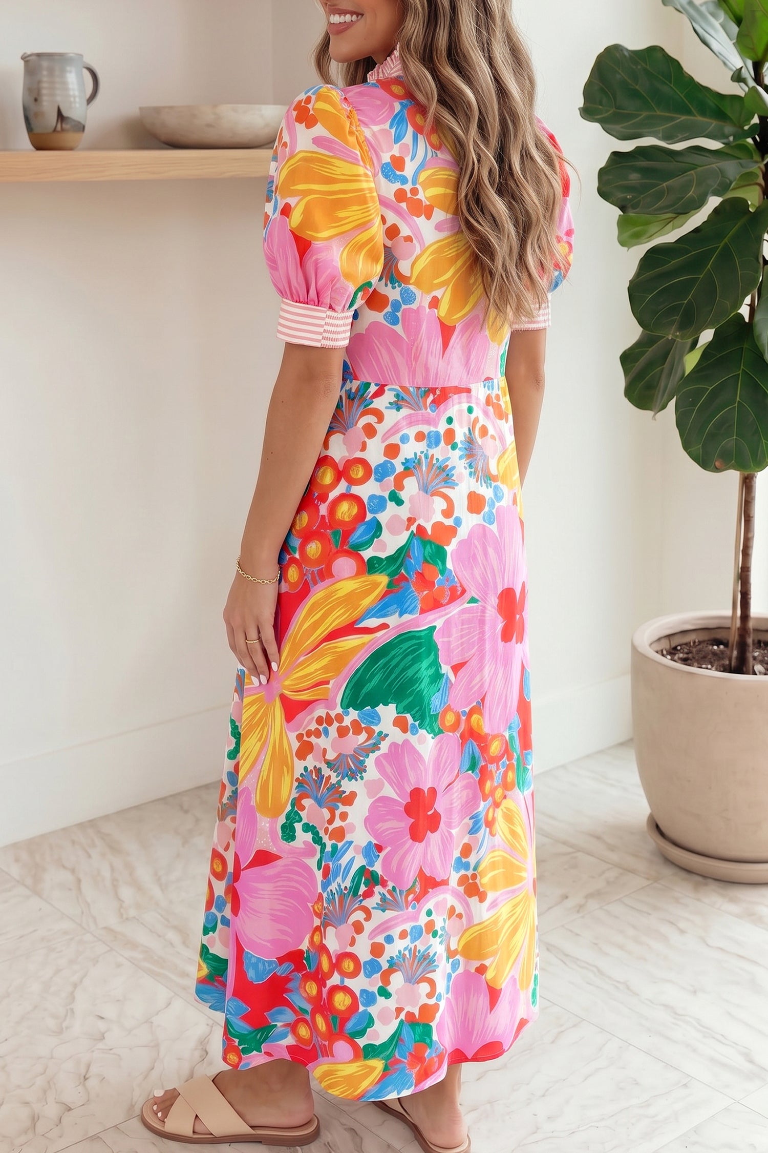 Floral Print Striped Trim Button-Down Shirt Dress