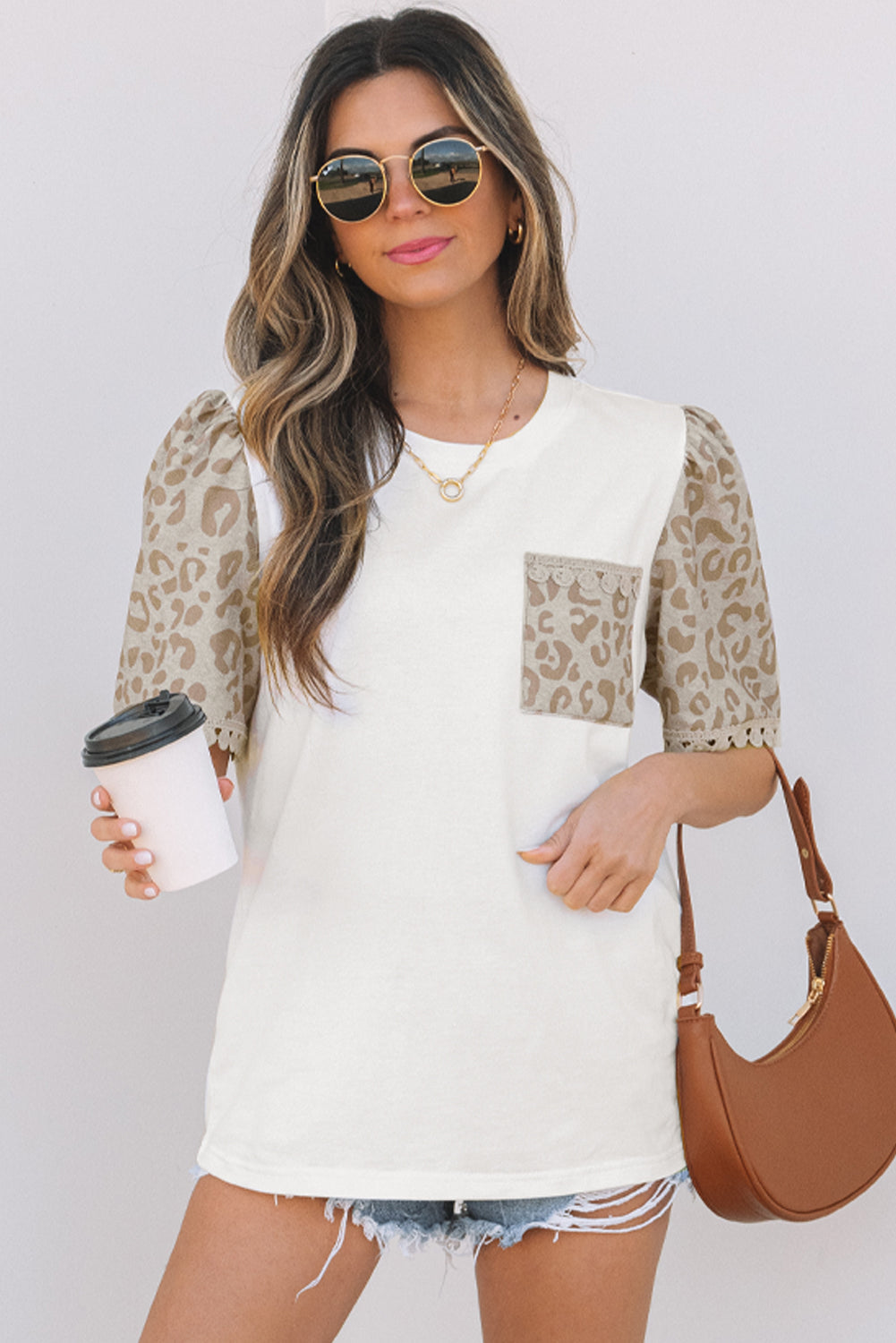 White Leopard Patchwork Crochet Lace Trim Puff Sleeve T Shirt eAura