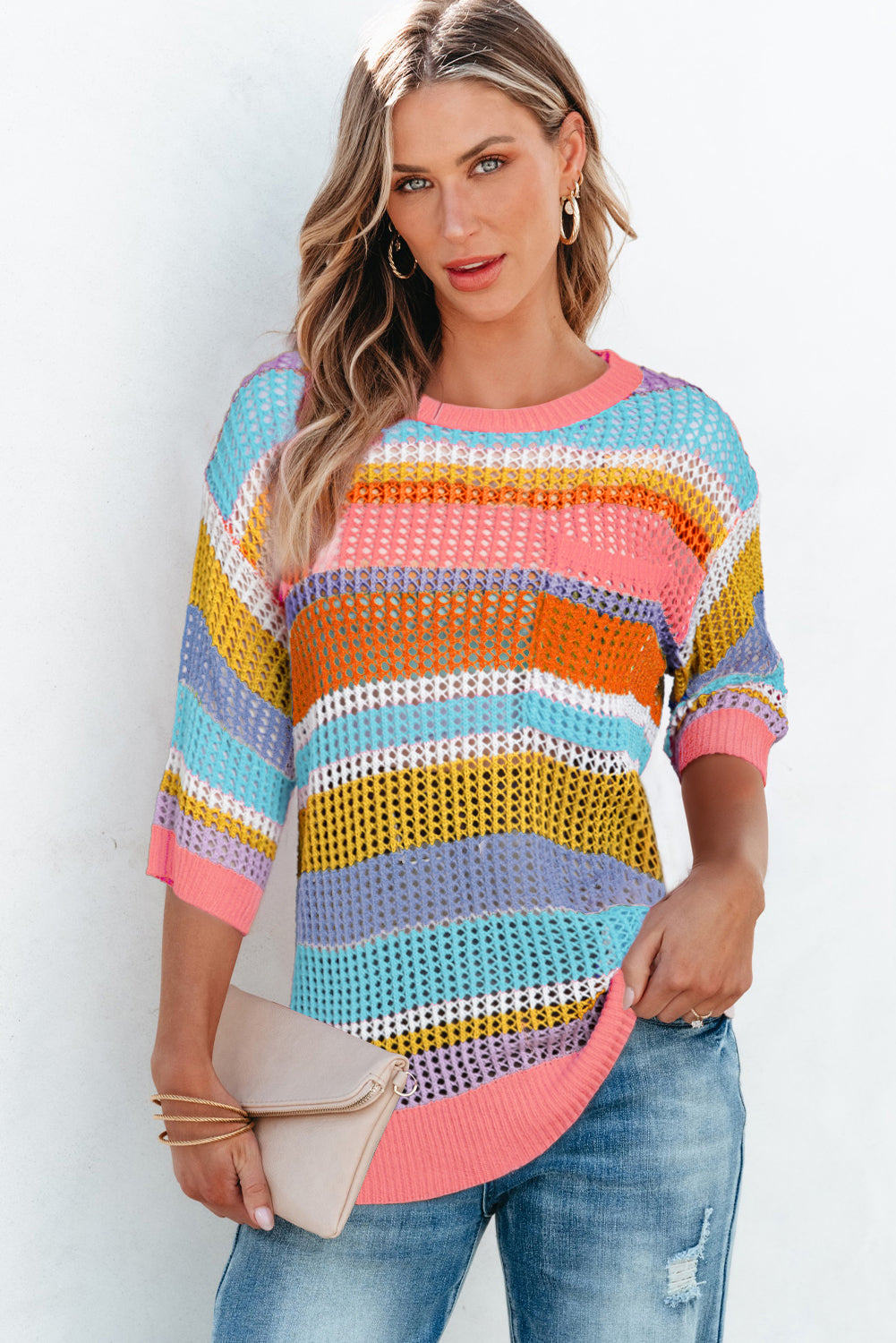 Pink Stripe Colourblock Hollowed Crochet 3/4 Sleeve Sweater eAura