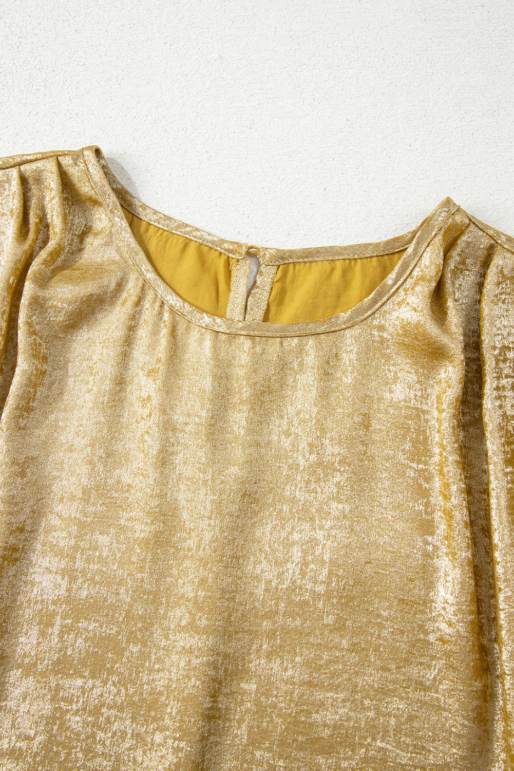Gold Glossy Round Neck Pleated Detail Short Sleeve Blouse eAura