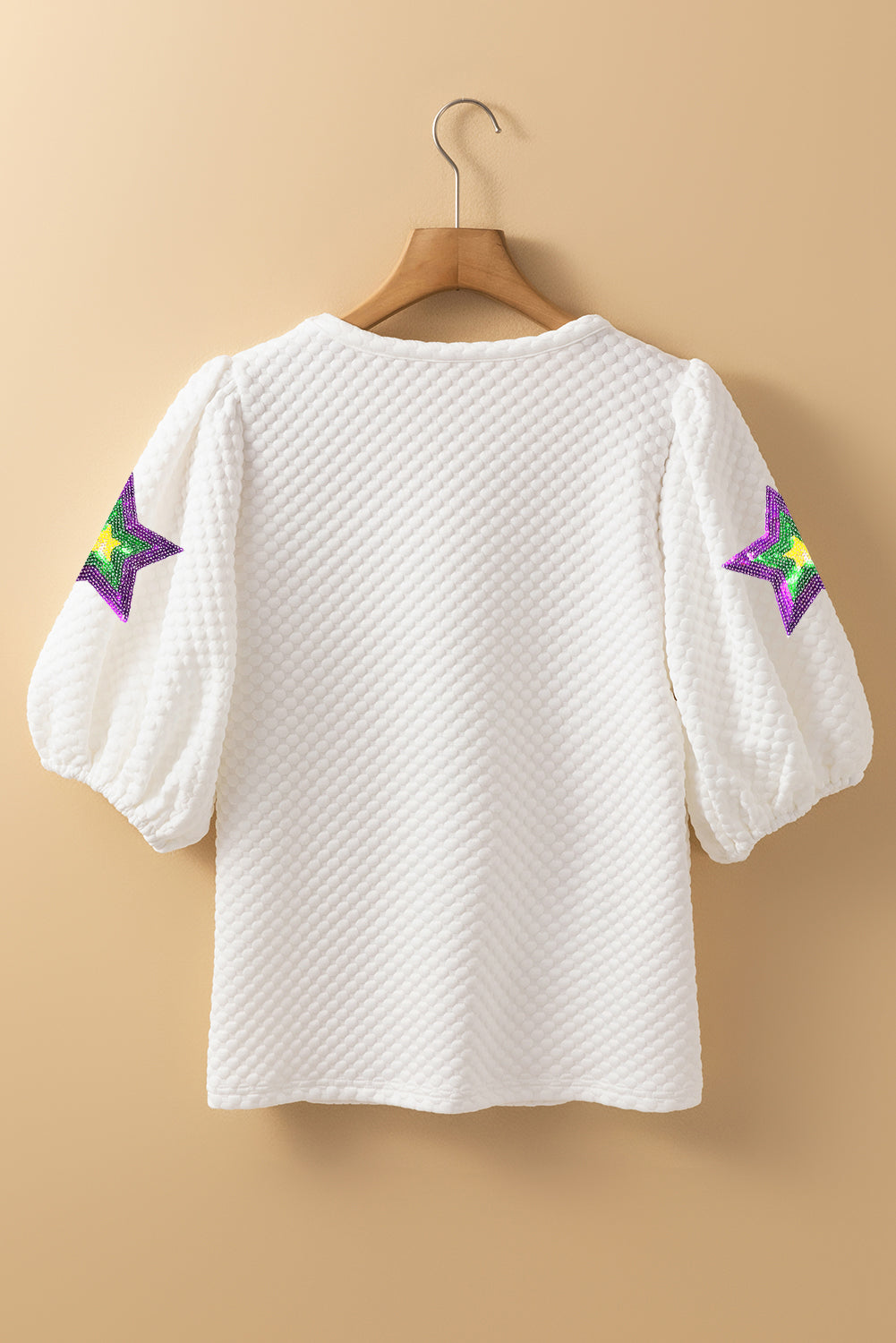 White Textured Sequin Mardi Gras Star Graphic Puff Sleeve Blouse eAura