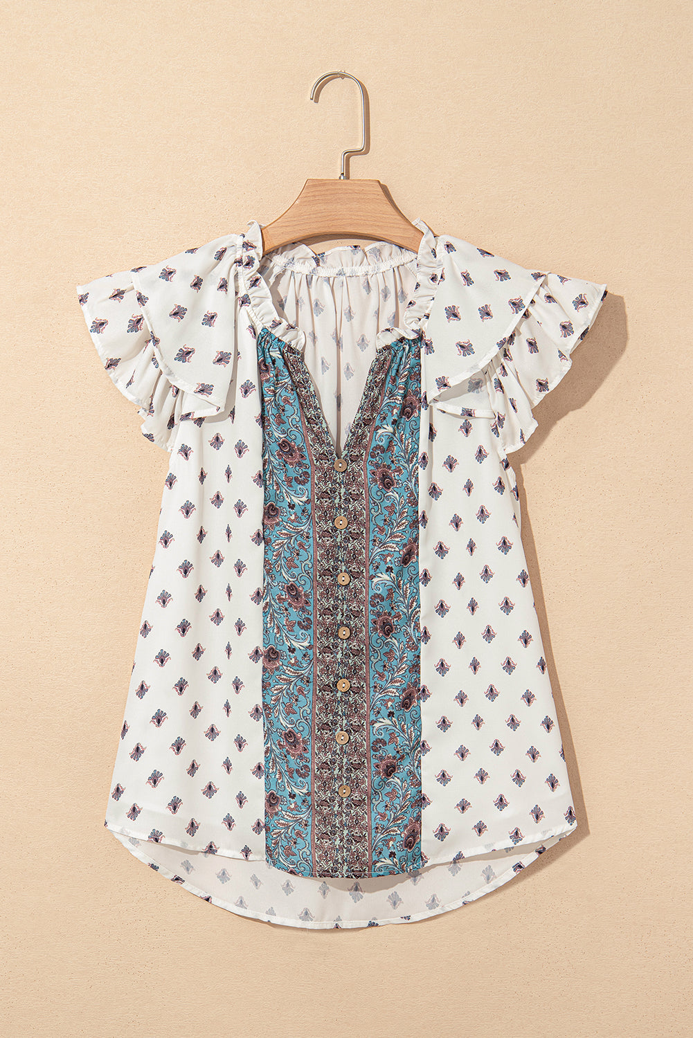 White Boho Pattern Tiered Ruffled Sleeve V Neck Buttoned Blouse eAura