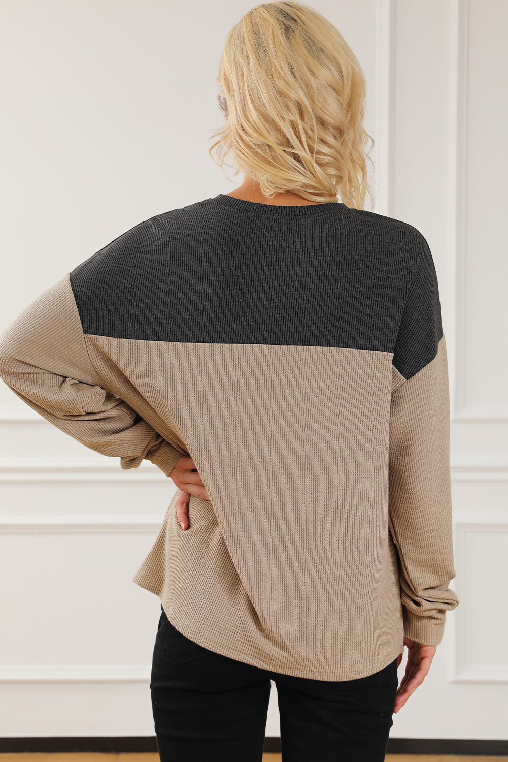 Carbon Grey Notched Neck Colourblock Ribbed Sweatshirt eAura