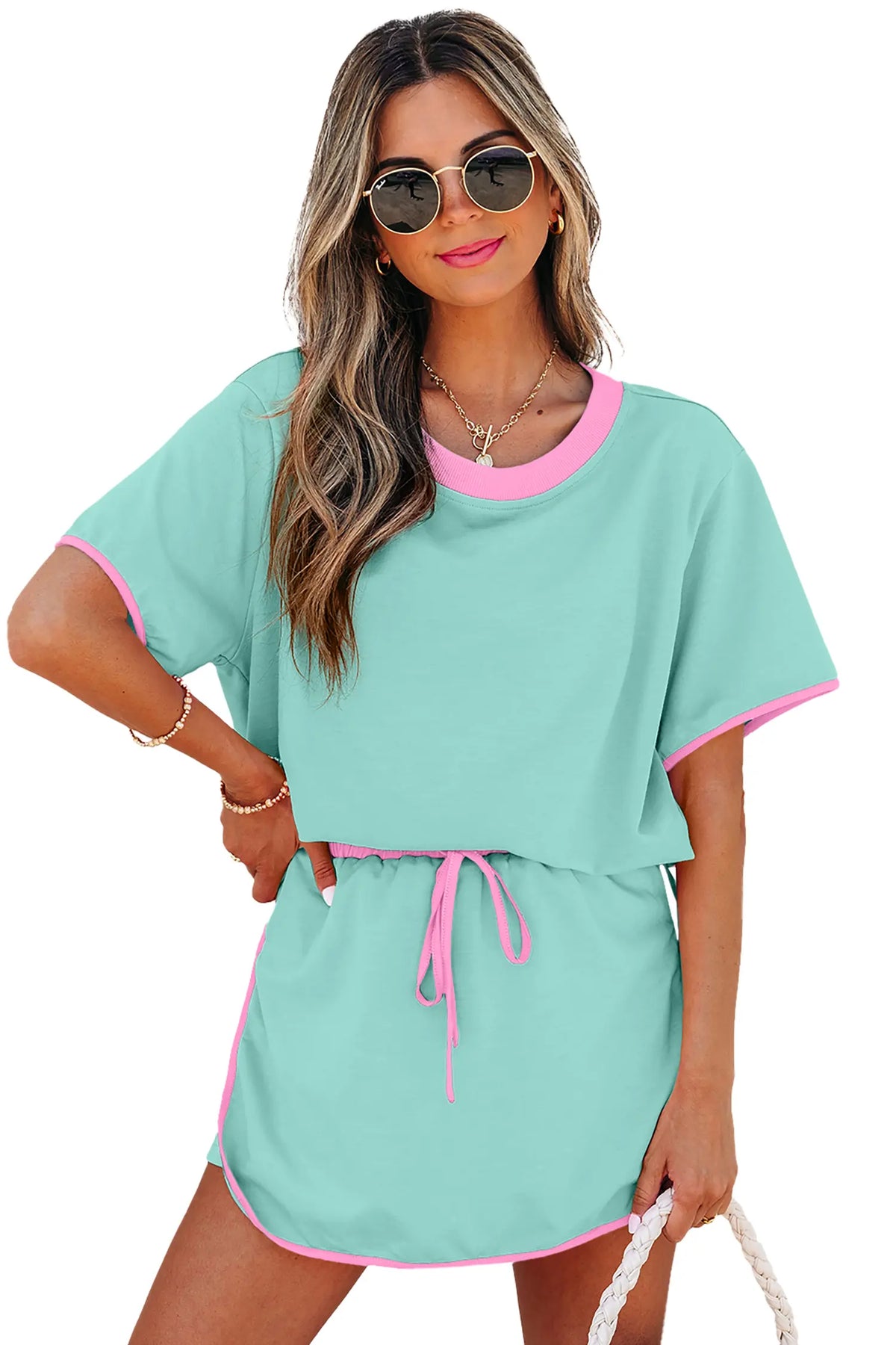 Apricot Colourblock Edge Drop Shoulder T Shirt and Skort 2Pcs Set – Beige
