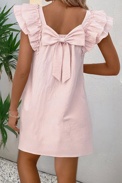 Light Pink Textured Flutter Sleeve Square Neck Bow Back Mini Dress - S / 95% Polyester + 5% Elastane - Dresses/Mini