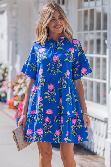 Floral Print V-Neck Ruffle Sleeve Loose Mini Dress