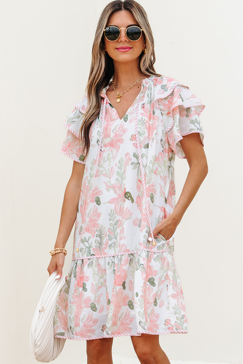 Floral Contrast Edge Layered Short Sleeve Mini Dress eAura