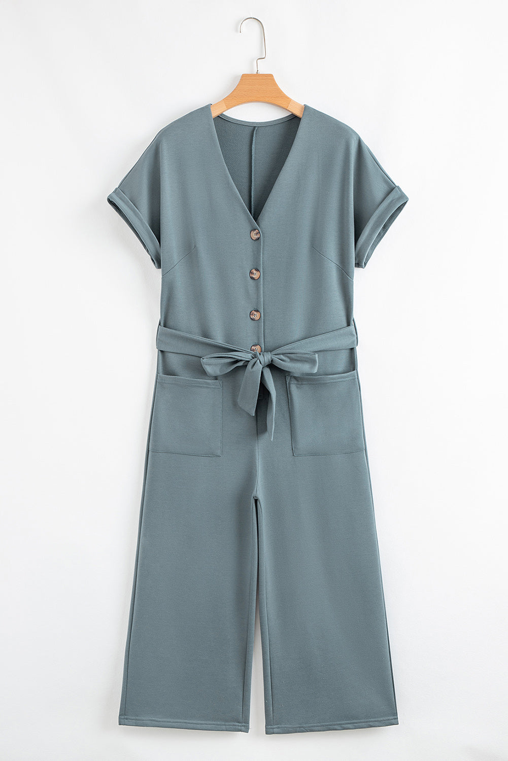Blue Dolman Button Belted V Neck Wide Leg Jumpsuit Pockets eAura