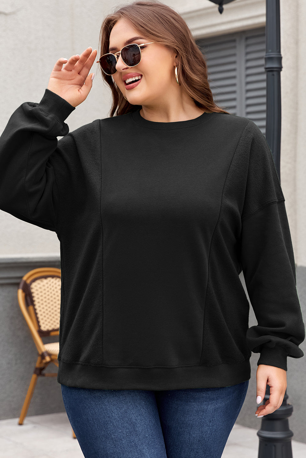 Black Loose Patchwork Crewneck Plus Size Sweatshirt BB Fashion Outlet