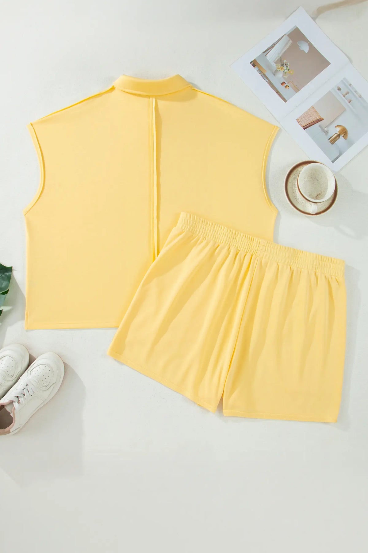 Cream Solid Colour Polo Tee Elastic Waist Shorts Plus Size Outfit – Yellow