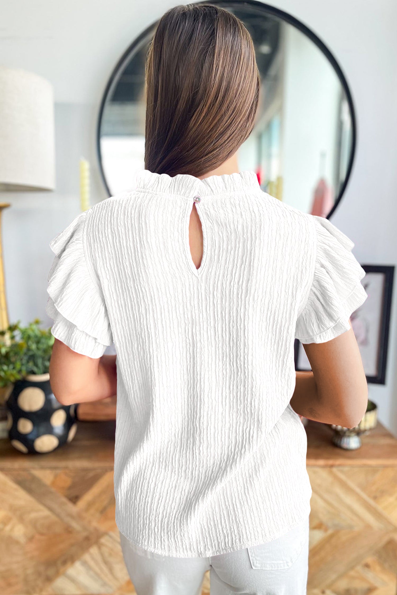 Solid Color Textured Ruffle Trim Short Sleeve Blouse – White