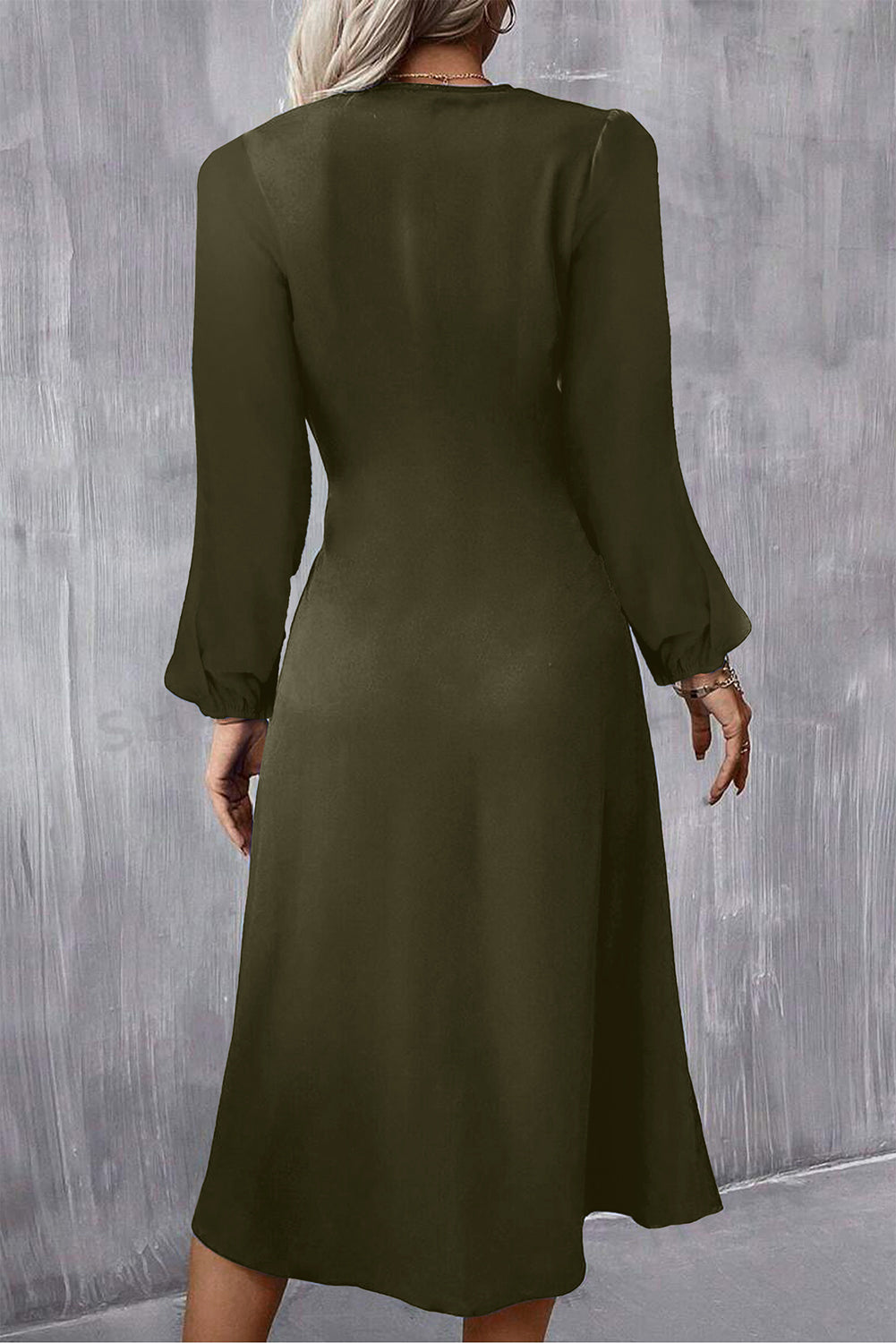 Solid Color Ruched Detail Long Sleeve Midi Dress – Jungle Green