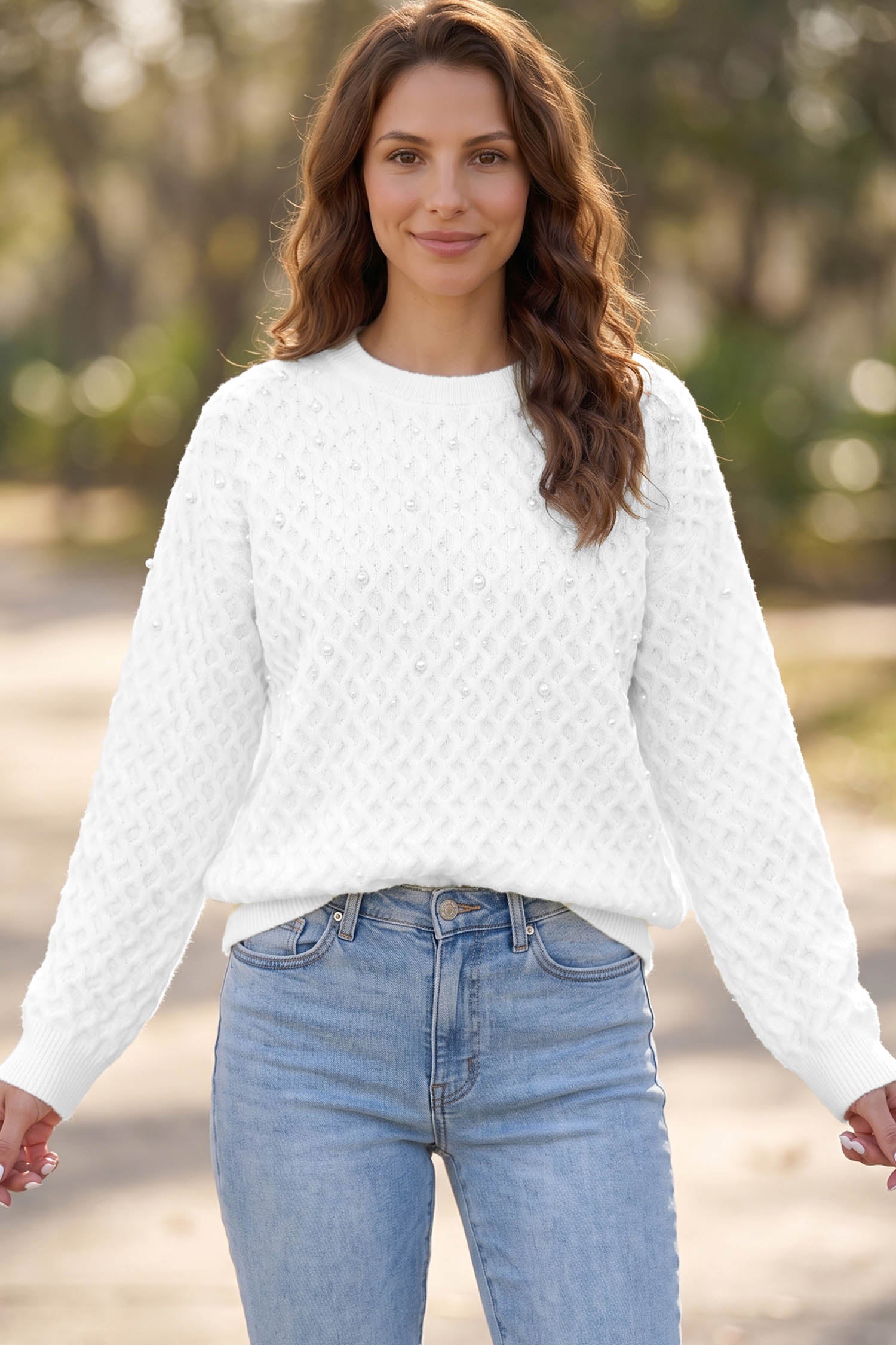 Solid Textured Knit Pearl Embellished Pullover Sweater – White