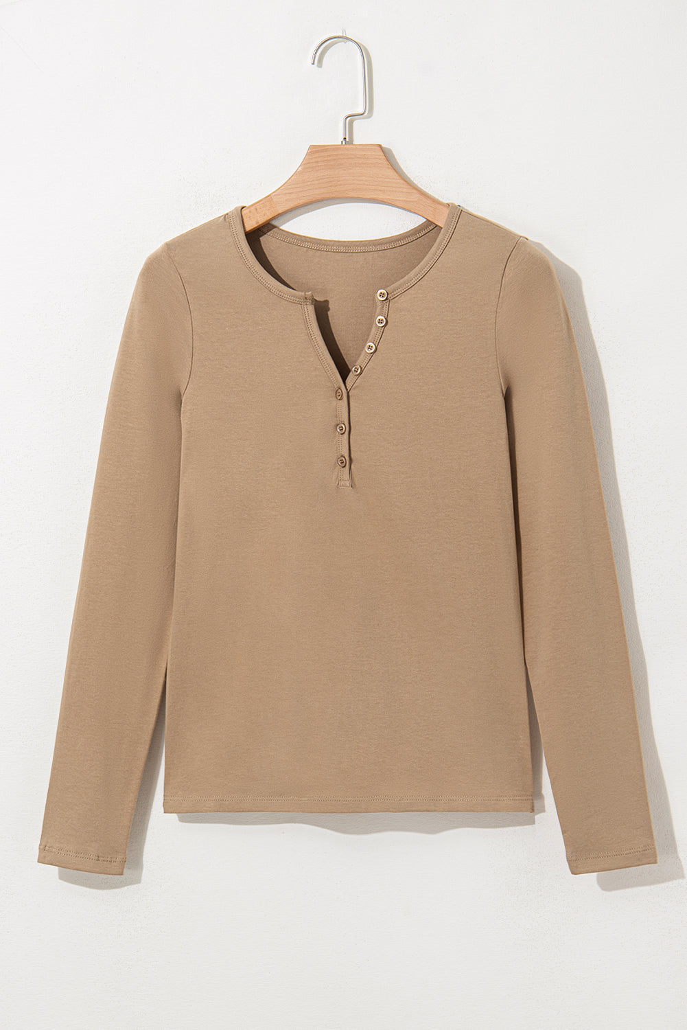 Pale Khaki Long Sleeve Buttons V Neck Slim Fit Top eAura