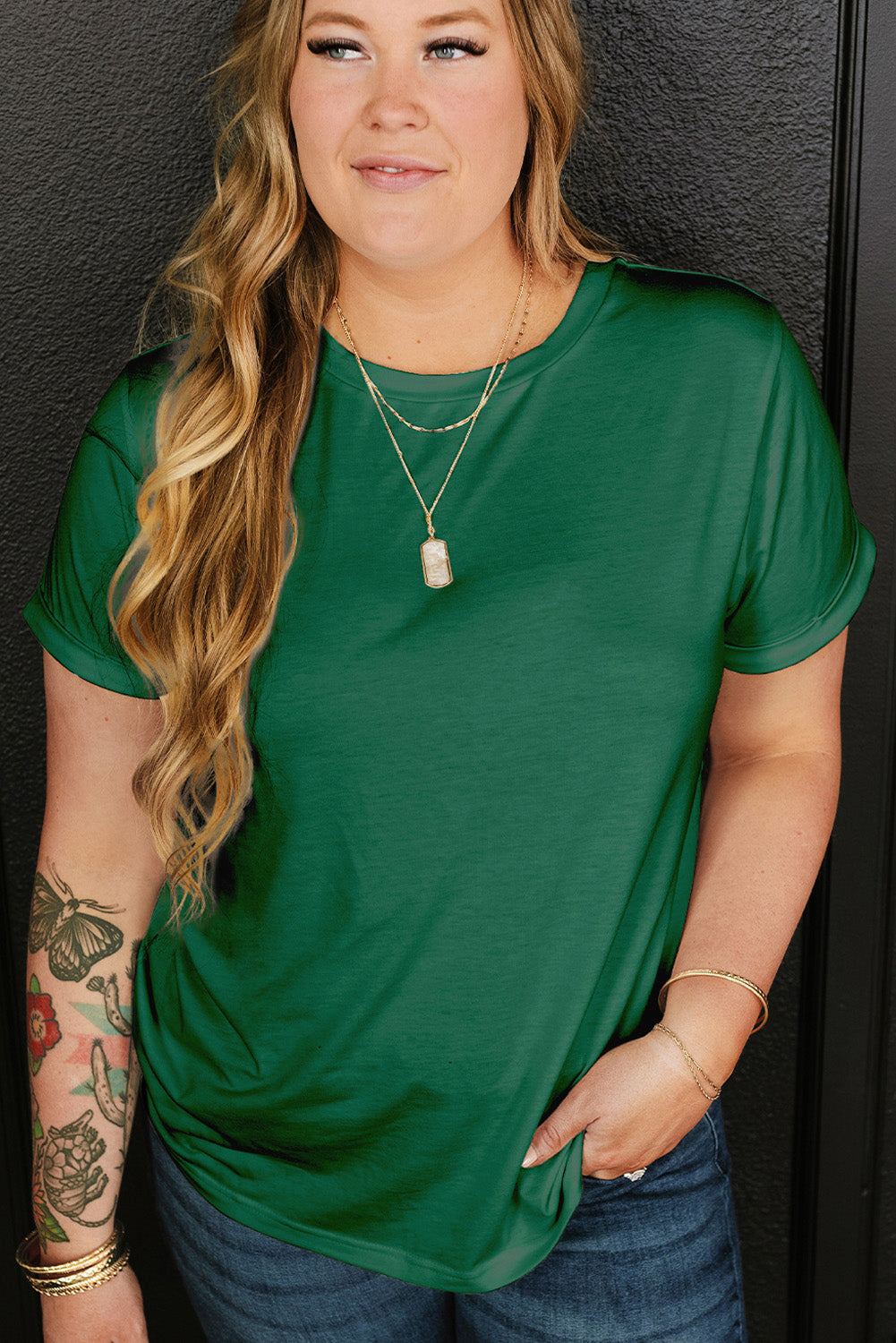 Dark Green Round Neck Rolled Sleeve Plus Size T-shirt BB Fashion Outlet