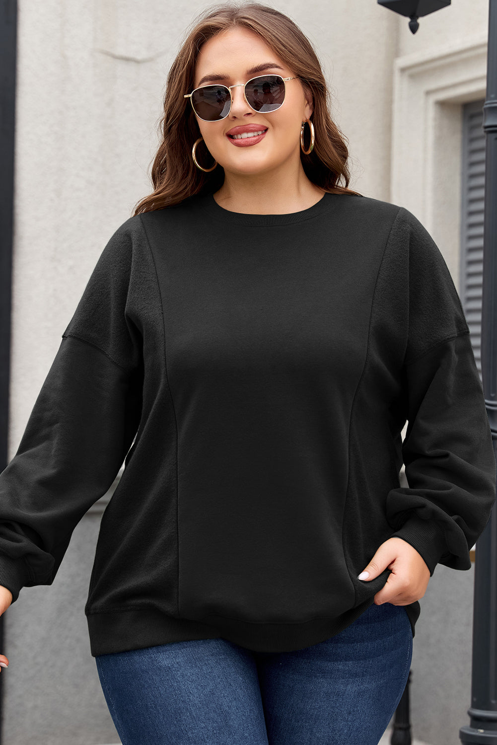 Black Loose Patchwork Crewneck Plus Size Sweatshirt BB Fashion Outlet
