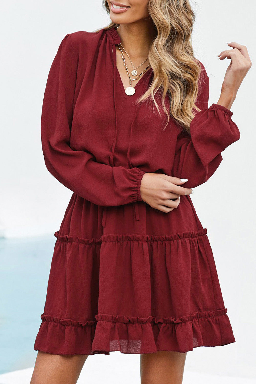 V Neck Long Sleeve Ruffle Tiered Mini Dress eAura