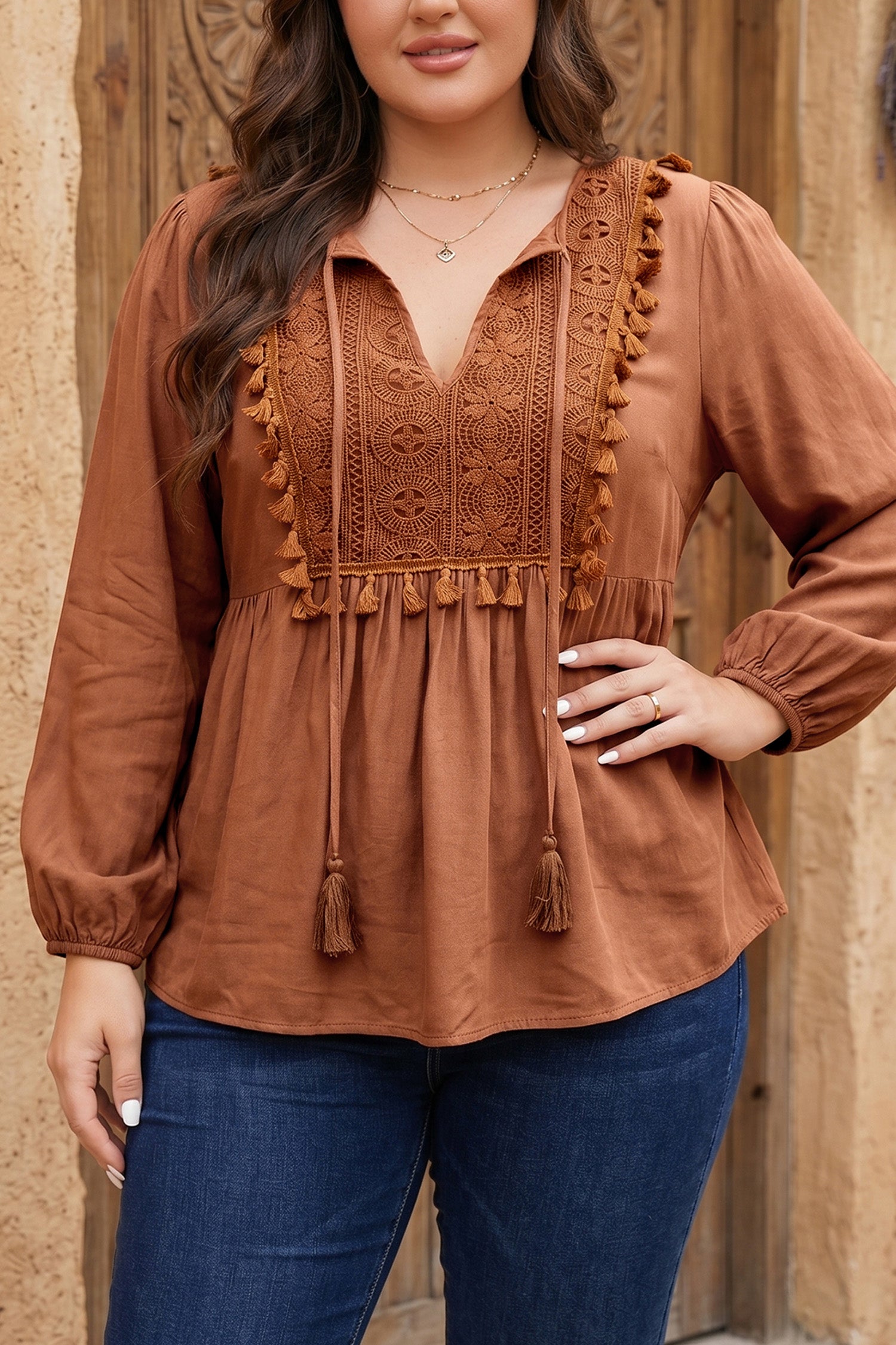 Boho V Neck Embroidered Tassel Long Sleeve Plus Size Blouse – Chestnut