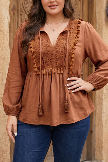 Boho V Neck Embroidered Tassel Long Sleeve Plus Size Blouse – Chestnut
