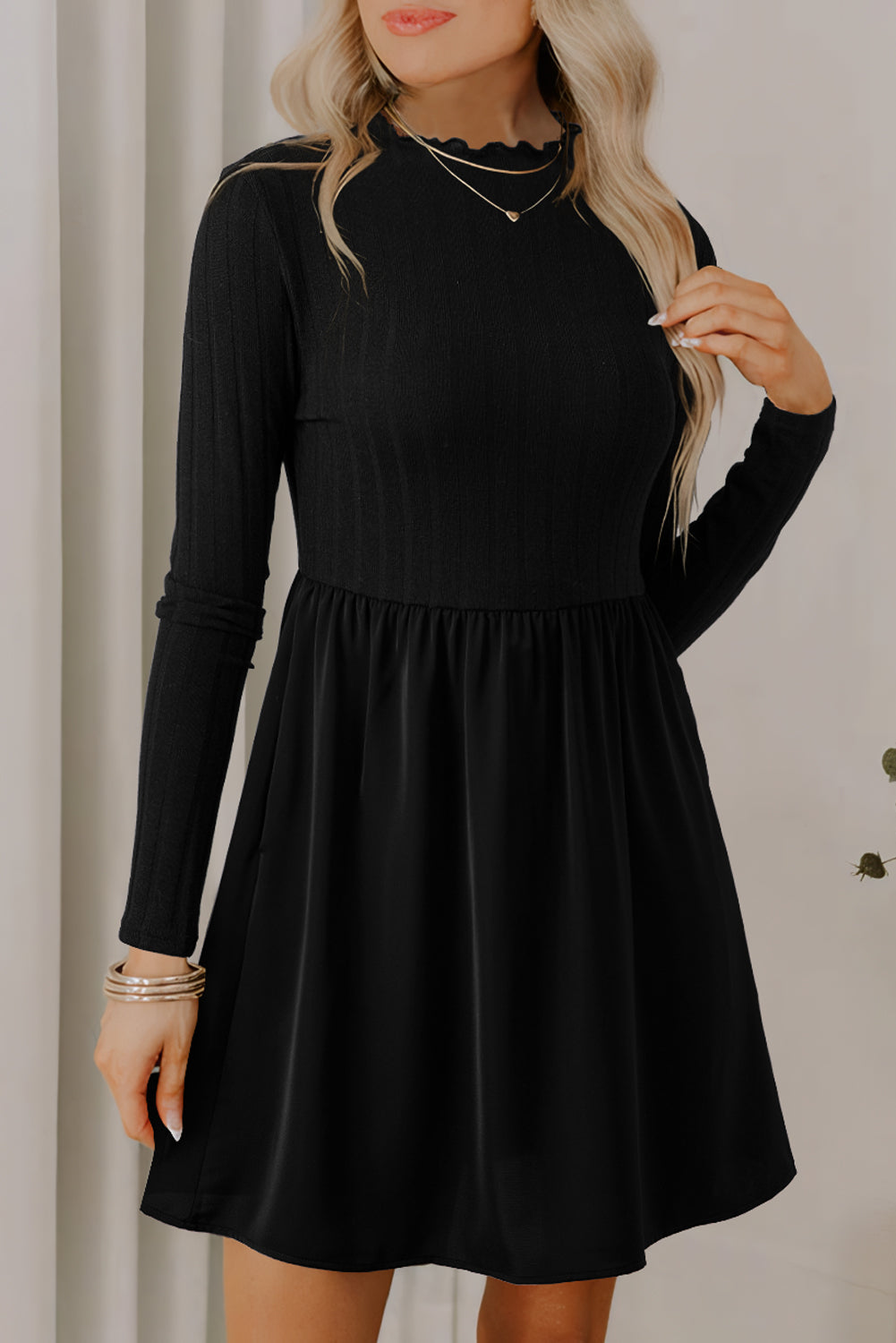 Black Frilled Neck Ribbed Knit Patchwork Long Sleeve Mini Dress Dear-Lover Dropshipping