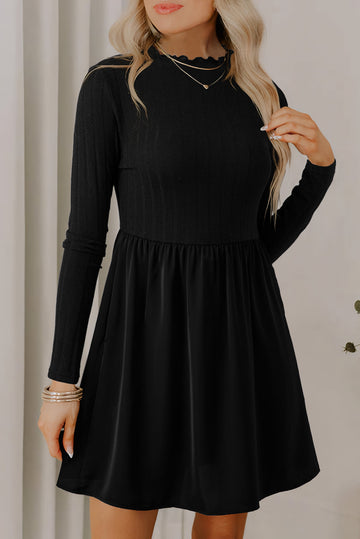 Black Frilled Neck Ribbed Knit Patchwork Long Sleeve Mini Dress Dear-Lover Dropshipping