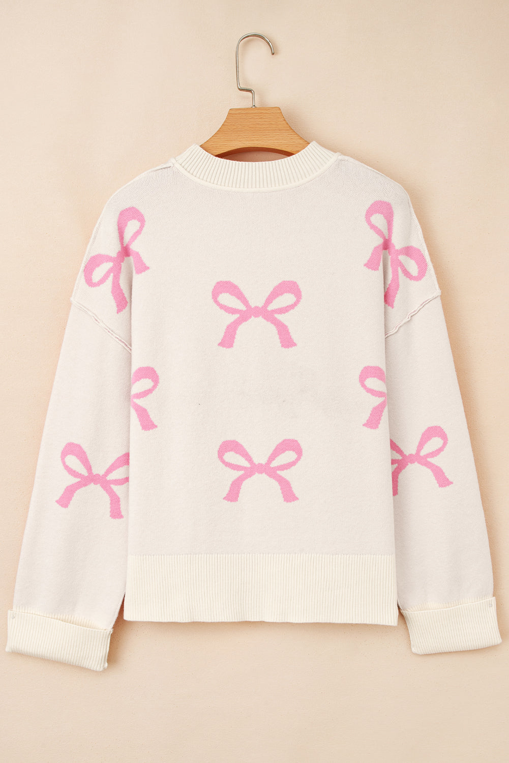 Pink Bow Print Ribbed Trim Exposed Seam Drop Shoulder Loose Sweater eAura
