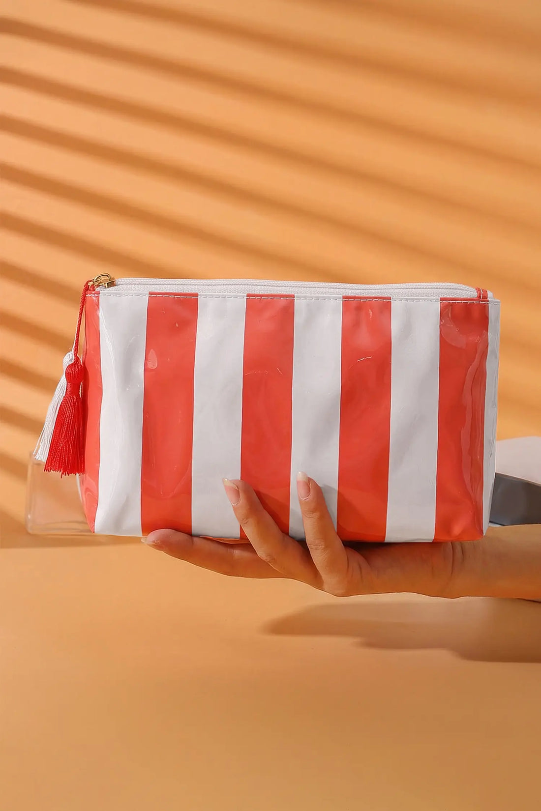 Striped Vinyl Waterproof Tassel Zip Makeup Bag