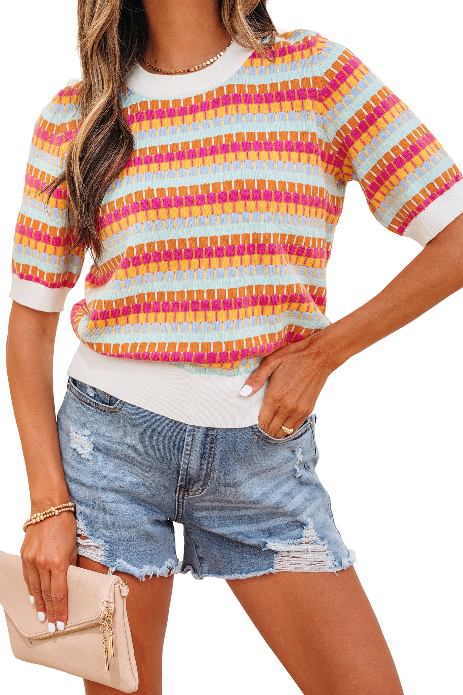 Abstract Striped Knit Short Sleeve Sweater